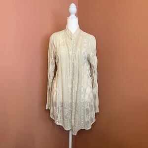 👀RARE! Johnny Was Ivory/Cream Embroidered Lace Boho Sheer Tunic - Medium - UEC